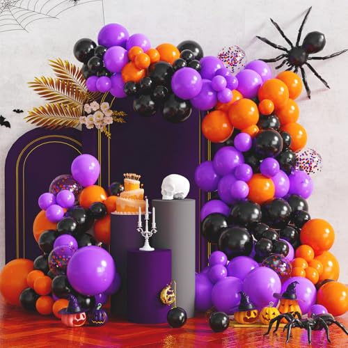 Tayuvira 130 Pcs Halloween Luftballons Set, Größen 5/10/12/18 Zoll Orange Violett Schwarzes Luftballon Girlandenbogen,Halloween Balloons Partydekoration für Hochzeit, Verlobung, Jahrestag