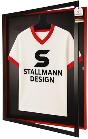 Trikotrahmen mit Drehtür – 'Schwarz-Rot' - Rückwand Schwarz | Größe: 90x70cm - von vorne bestückbar - stabile Metallaufhänger - Trikot Rahmen in Landes- & Vereinsfarben - UV-beständiges Acrylglas