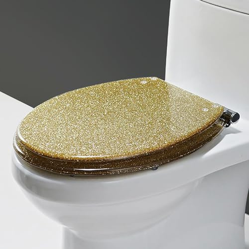 Gold Glitter Resin Toilet Seat Soft Close Easy Clean Heavy Duty with Top Fixing Hinges Durable & Comfortable Oval Universal Design 36 * 42Cm (Gold) kxtmm