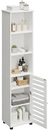 Relaxdays Badezimmerschrank mit Tür, HBT: 167x30x40 cm, 6 Fächer, Toilettenschrank, hoch & schmal, Bad Hochschrank, weiß