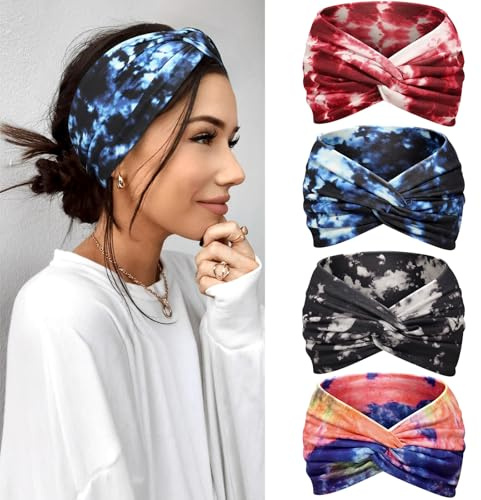 Kavya Fascia Capelli Donna Cerchietto Capelli Donna 4 Pezzi – 7'' Extra Large Elastico Boho, Turbante Fasce per Capelli Bandana Headband per Yoga, Skincare e Lavoro Quotidiano (Viola)