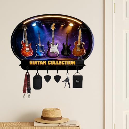 HCLRIU Porte-clés Mural Personnalisé avec Nom, Porte-clés Mural Thème Guitare électrique Personnalisé, Imprimé 2D en Acrylique, Cadeau déco pour Rock Fans, Magasin de Musique, Amateur de Musique