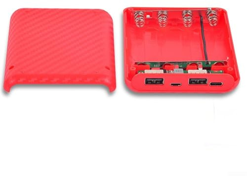 Boîtier de batterie portable 4 emplacements pour batteries rechargeables 3,7 V à tête plate, boîtier ABS avec double sortie USB 5 V/2,4 A et type C/pour micro-USB (rouge 5 V 2,4 A)