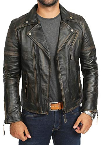 Mens Real Leather Biker Style Jacket Vintage Black Rub Off Slim Fit Designer Coat Max