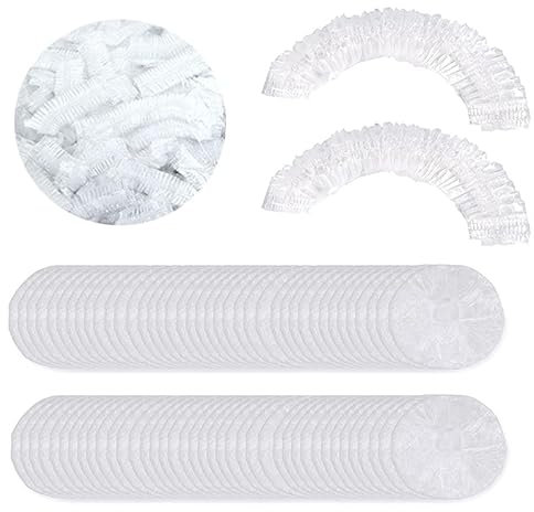 Paquete de 100 tapones de ducha desechables, casquillo de baño elástico de plástico impermeable para el baño, spa, salón de viaje