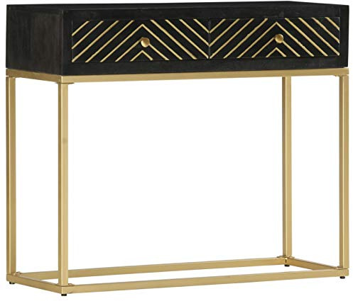 Tidyard Table console en bois massif de mangue avec 2 tiroirs, noir et doré, 90 x 30 x 75 cm, table console avec tiroirs, buffet industriel avec tiroirs, table console et entrée