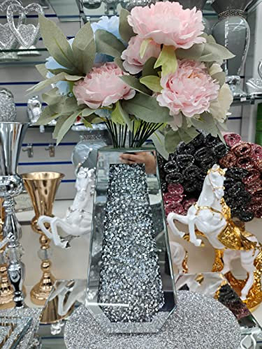 Biznest Large 40Cm Sparkle Diamond Crushed Crystal Sparkly Silver Mirrored Floor Vase Cuffin Shape