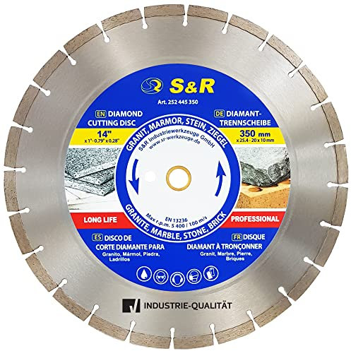 S&R Diamant-Trennscheibe 350 x 25.4 x 3.0 x 10 mm, in Industrie-Qualität für Naturstein, Kunststein, Marmor, Granit, Sandstein, Hartziegel, Diamanttrennscheibe für Motortrennsägen & Tischsägen