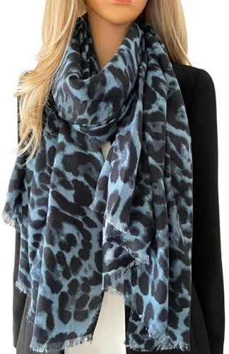 The Accessory Co. Grande écharpe en peau de serpent pour femme, imprimé léopard, châle transparent, écharpe légère, métallisée, argent, jaune moutarde, rose, gris, Léopard : bleu, L