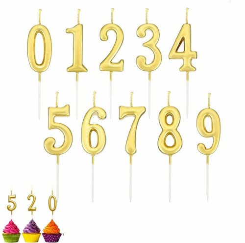 QRTSJ Geburtstagskerzen, 10 Stück Geburtstags-Kerzen-Set 0-9 Geburtstag Ziffer Kuchen Kerzen Zahl für Geburtstagsfeier, Partyfeier (Gold) Velas con números de cumpleaños piezas, 9.5 centimeters