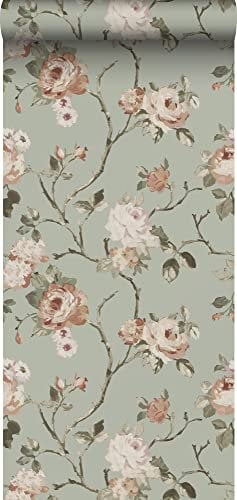 ESTAhome papier peint fleurs vintage vert menthe grisé et rose clair - 139291-53 cm x 10,05 m
