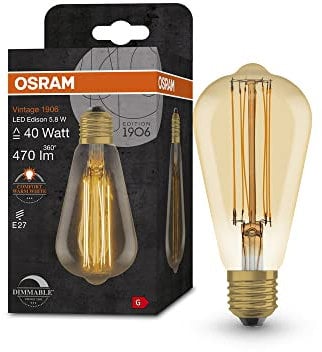 OSRAM Lamps Vintage 1906 LED-Lampe Gold-Tönung,5,8W,470lm,Edison-Form 64mm Durchmesser&E27-Sockel,warmweiße Lichtfarbe,gerades Filament,dimmbar,bis 15.000 Stunden Lebensdauer,4058075761513,40W-Ersatz