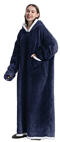 Decke mit ärmeln Kuscheldecke,Riesen Hoodie Weiche Warme Flanell Tragbar Ganzkörperdecke,SherpaKapuzenpullover für DamenHerren,Tragbar Ganzkörperdecke,Blau