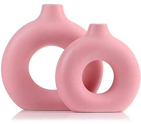 2-Teiliges Wasserdicht Rosa Donut Vase, Rosa Matt Keramik Vase Set Für Pampasgras, Ikebana & Tulpen, Vintage & Boho Stil, Ideal Für Wohnzimmer, Schlafzimmer, Büro-Aesthetic Rosa Deko