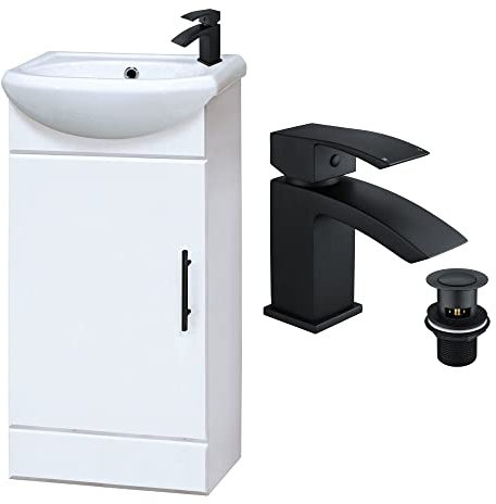 Vanity Unit Including Ceramic Basin & Black Waterfall Tap with Waste | Wall Mounted 1-Door with 1-Tap Hole Right Hand Basin | Bathroom Cloakroom Vanity Unit with Matt Black Waterfall Tap - Gloss White
