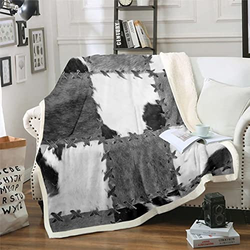 Kuhfell Decke Werfen 130x150,Patchwork Kuh Pelz Print Sherpa Decke für Bett Sofa Couch, Bauernhof Tier weiche warme Fleece Decke, Western Cowboy Bauernhaus Flanell Decke, Grau Weiß