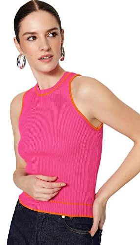 Trendyol Mujer Blusa básica de Punto con Cuello Redondo, Fucsia, S