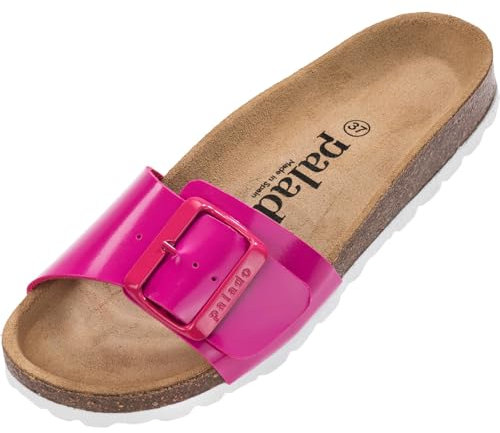 Palado Pantoletten Damen Malta EGS Lack – bequeme Sandalen Made in Spain - Hausschuhe mit dämpfendem Kork-Fußbett - modische Sommerschuhe Fuchsia UK6 - EU39