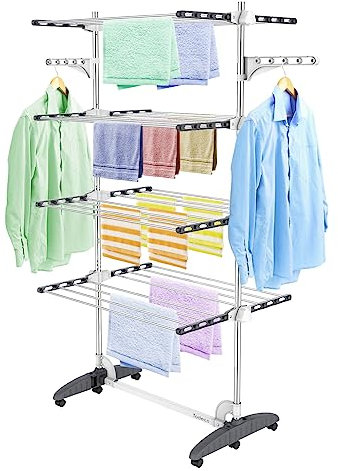 Todeco Séchoir à Linge Pliant à 4 Niveaux, Etendoir à Linge intérieur en Acier Inoxydable, Sèche-Linge Etendoir Pliable avec Ailes réglables en Hauteur pour Terrasse Jardin, Gris
