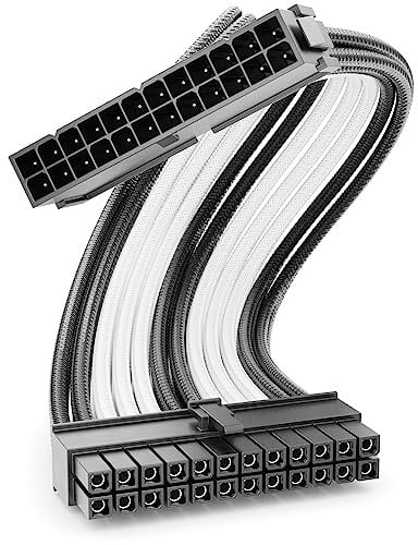 deleyCON 24 Pines ATX Cable de Fuente de Alimentación Extensión 30 cm - 18 AWG PSU Placa Base PC Ordenador Fuente de Alimentación Nylon Macho a Hembra - Negro Blanco