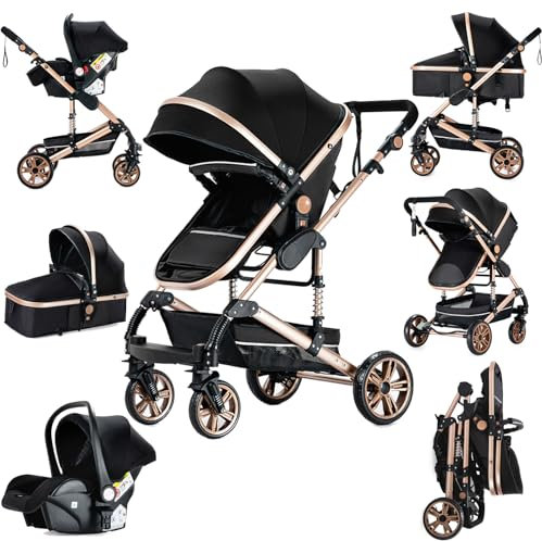 Prokoke Kinderwagen 3 in 1, Kinderwagen Set Einem Klick Faltbar, Kombikinderwagen 3 in 1 mit Umkehrbarem Zwei-Wege-Schub, Buggy Rahmen Aluminiumlegierung Baby Kleinkind Neugeborene (739 Black Gold)