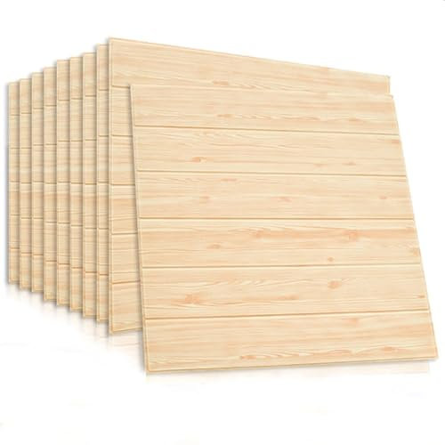 mosegor 10Pcs 3D Wood Grain Wallpaper Self-Adhesive Wood Effect Wall Panels PE Foam Wood Wall Sticker for Home Living Room Bedroom Kitchen Bathroom Beige 70 x 70 cm