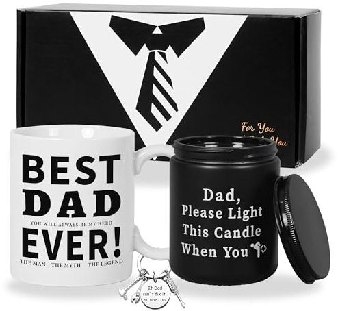 Philivivi Gifts for Dad, Mug for Father, Candle for Dad, Best Dad Ever Coffee Mug with Keychain for Birthday Christmas Gifts from Daughter Son, Fathers Day Gift