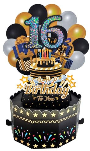 16.Pop Up Geburtstagskarte,Schwarze Gold Grußkarte 16er Geburtstag 3D Popup Karten Glückwunschkarte mit Umschlag Frauen Männer Geschenkideen