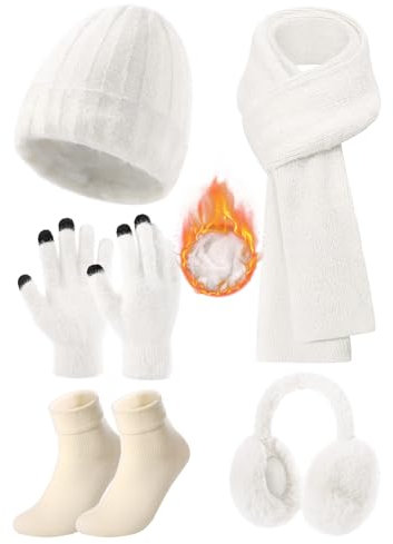 CMTOP Wintermütze Damen Fleece Gefütterte Handschuhe Damen Wärmer Lange Strickmütze Schal Warm Beanie Mütze Ohrenschützer Schal Handschuhe Socken-5 Stück Set Gestrickte(Weiß,Einheitsgröße)