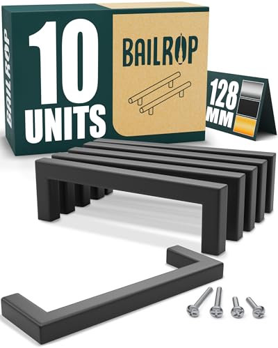 BAILROP Tiradores Cocina Negros 128MM (10 Unidades) - Tiradores Armarios Cuadrados - Manillas Rectangulares para puertas de armarios y muebles de cocina.