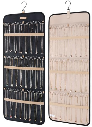 bagsmart Hängender Halsketten-Organizer, Schmuckhalter, Aufbewahrungsrolle mit Aufhänger, Metallhaken, Doppelseitiger Schmuck-Organizer für Halsketten, Armbänder an Schrank, 1 Stück, Groß-Schwarz