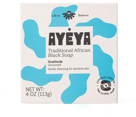 AYÉYA African Black Soap Bar – Gratitude – Fragrance-Free – Raw African Black Soap for Sensitive Skin – Unscented African Soap Bar with Shea Butter – Authentic Natural Cleanser from Ghana