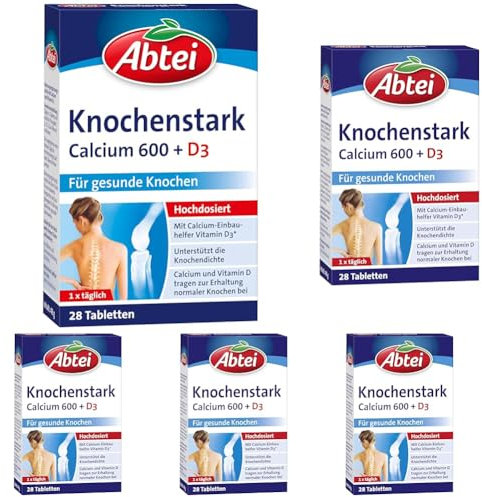 Abtei Knochenstark Calcium 600 + D3 - hochdosiert - Nahrungsergänzung für gesunde Knochen - glutenfrei, laktosefrei, für Vegetarier geeignet - 1 x 28 Filmtabletten NEU (Packung mit 5)