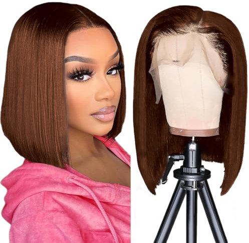 Bob Wigs Lace Front Human Hair Wig 13x4 Lace Front Wigs Brazilian Straight Bob Wig Chocolate Brown 180% Density Short Bob Wigs for Black Women Braue Farbe (8 inch)