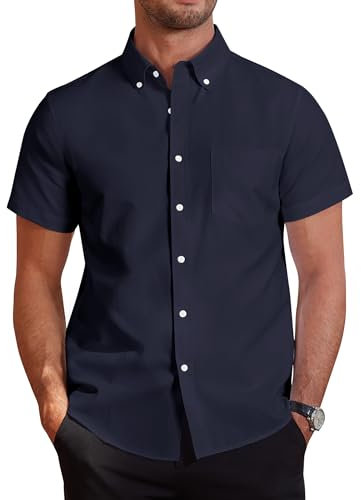 J.VER Men's Cotton Shirts Short Sleeve Smart Casual Shirt Non Iron Regular Fit Button Down Oxford Business Office Work Summer Dress Shirt Navy Blue 4XL
