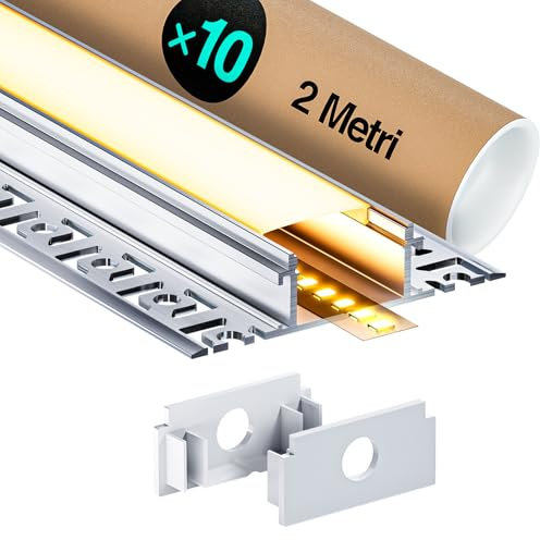 LASLUX 10 x LED Profil Aluminium 2 m (20 m) Schiene für Trockenbau, geeignet für LED Streifen bis 20 mm Breite oder zwei LED Stripes, Maße: 61,8 x 13,8 mm, für Fliesen, Holzpaneele, Gipskarton