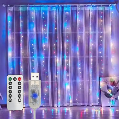 Joparri Lichtervorhang 300leds 3x6m Lichterkette innen fenster 1x Lichterketten Vorhang 8 Modi mit Timer, Wasserdichte LED Weihnachtslicht Fenster Innen Außen Deko, Zimmer, Hochzeit, Ramadan, Farbe