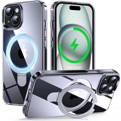 Supdeal Magnetisch Stand Hülle für iPhone 15 mit Unsichtbarem Ring Ständer [Kompatibel mit MagSafe] Clear Stoßfeste Handyhülle Schutzhülle, 6,1, Transparent
