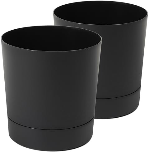 Tymar Macetero con plato, paquete de 2 unidades, maceta decorativa de plástico, forma redonda, moderna, para interiores (35 cm de diámetro, 2 unidades), color negro