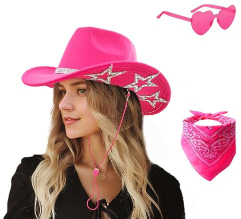 DAJOOEE Cowgirl Hat with Bandana & Heart Sunglasses | Glitter Star Cowboy Hat | Western Sparkly Hats for Women & Men (UK, Alpha, One Size, M, Hot Pink)