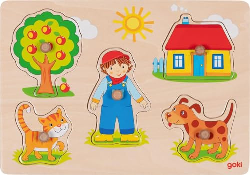 goki 57306 – Steckpuzzle Katze und Hund – Tierpuzzle mit Holzgriffen für Kleinkinder