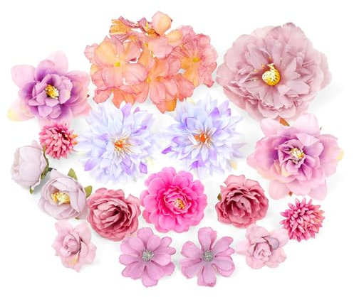 MWOOT 17 Pezzi Teste di Fiori Artificiali, Fiori Finti per Decorazioni, Capolini Finti Misti, Rose Peonia Ninfea Finte per Fai da te Corona Torta Bouquet Da Sposa Matrimonio Festa Casa Giardino(Viola)