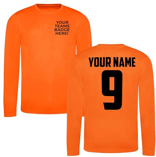 Mens Custom Football Shirt Activewear Sunday League Pub Team Kit 5 7 11 a Side Club Shirts Personalised Name and Number, S, Electric Orange - Long Sleeve