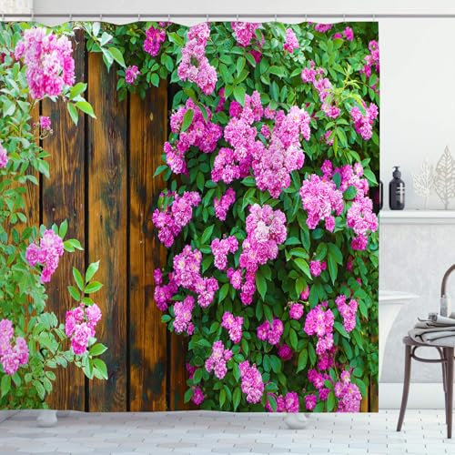 OCEUMACO Garden Shower Curtain Outdoor for Wet Room Outside Extra Wide Fabric 3D Wood Fence Pink Flower Green Picture Scene Bathroom Curtains 240 x 200 cm Anti Mould Waterproof with Hooks