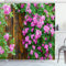 OCEUMACO Tenda da doccia da giardino per ambienti umidi esterni, tessuto extra largo, recinzione in legno 3D, fiori rosa e verde, tende da bagno 240 x 200 cm, antimuffa, impermeabile, con ganci