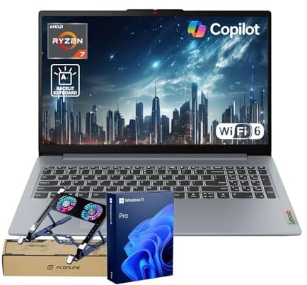 Lenovo IdeaPad Slim 3 Business Laptop, 15,6 FHD, AMD Ryzen 7 5825U, 16GB RAM integrata, 512GB SSD, Wi-Fi 6, webcam, retroilluminato, W11 Pro, Copilot & AI Productivity, Bundle con PCO Laptop Cooler