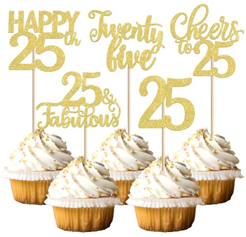 30 Stück 25th Geburtstag Tortendeko Glitzer Cheers to 25 Fabulous Cupcake Toppers Happy 25 Kuchen Deko für 25th Geburtstag Jahrestag Party Kuchen Dekoration Gold
