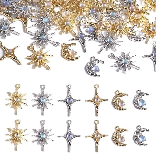 Celblisora 60-teiliges Schmuckset mit himmlischen Charms, versilberte und vergoldete Mond-, Stern- und Sonnenanhänger, Zubehör zur Schmuckherstellung zum Selbermachen