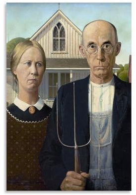 American Gothic by Grant Wood, 1930 amerikanischer Regionalismus, Wandkunstdruck mit Bauer, Ehefrau und Heugabel, dekoratives Gemälde, Leinwand, Wandkunst, Wohnzimmer, Schlafzimmer, Gemälde, ungerahmt