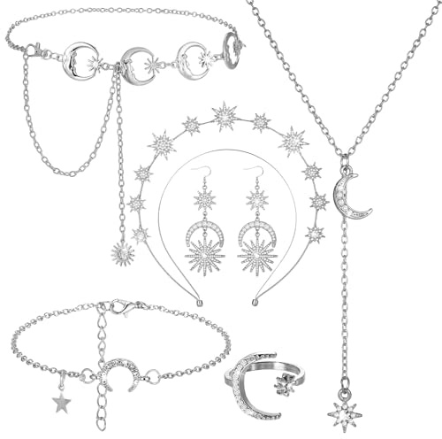 Hochzeit Brautschmuck Oberarmreif 6 Stück Griechische Göttin Kostüm Schmuck Set Stern Stirnband,Taillenketten,Halskette,Ohrringe,Verstellbarer Ring,Armband für Hochzeit,Party,Tanzparty,Mode Show
